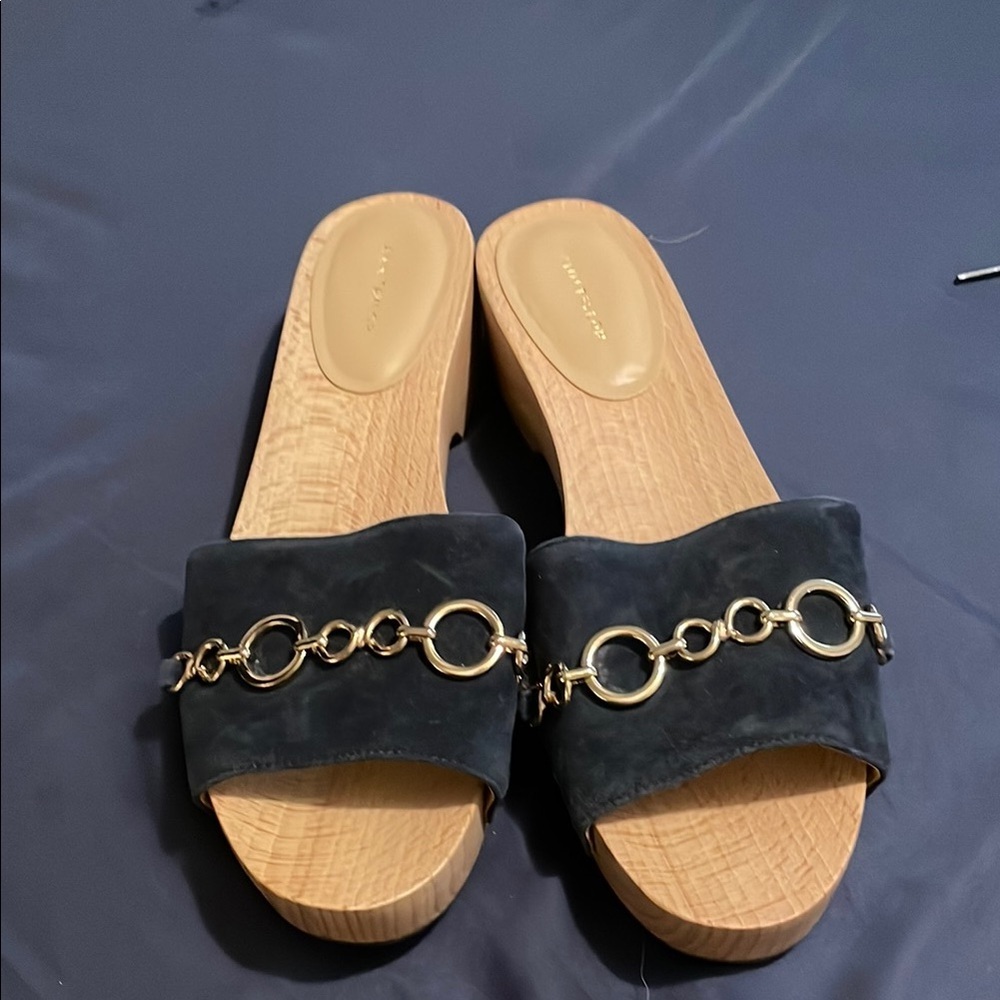 Ann Taylor navy and Gold Mules with Chain Detail